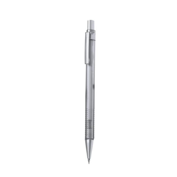 Silver retractable ballpoint pen with clip, shown vertically on a white background.
