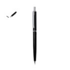 Black ballpoint pen with silver clip and tip on a white background.