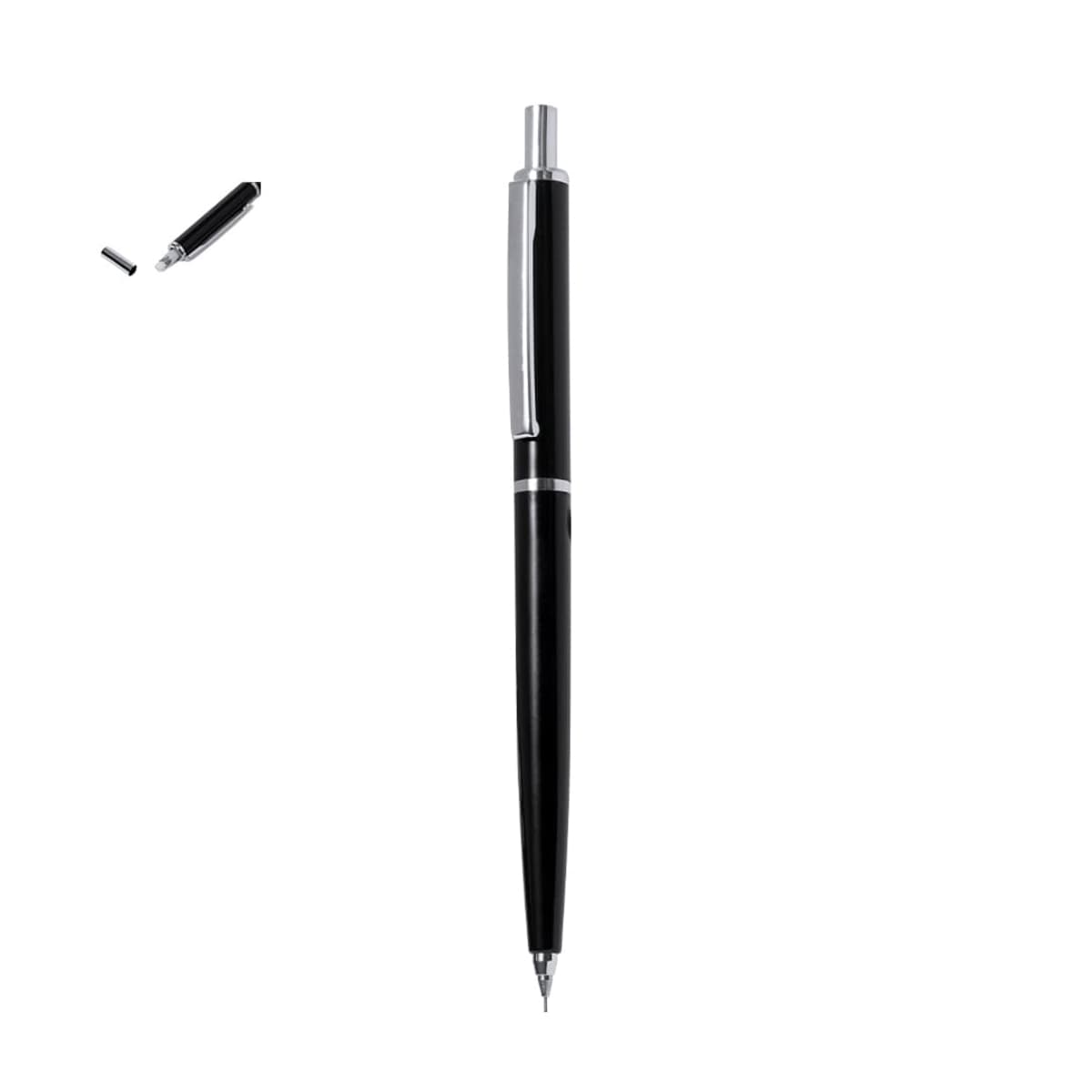Black ballpoint pen with silver clip and tip on a white background.