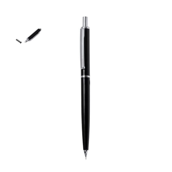 Black ballpoint pen with silver accents on a white background.