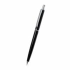 A black and silver retractable ballpoint pen on a white background.