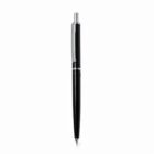 A black ballpoint pen with a silver clip on a white background.