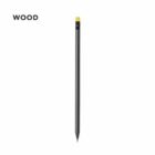 Black pencil with yellow eraser on white background, the word WOOD in the top left corner.