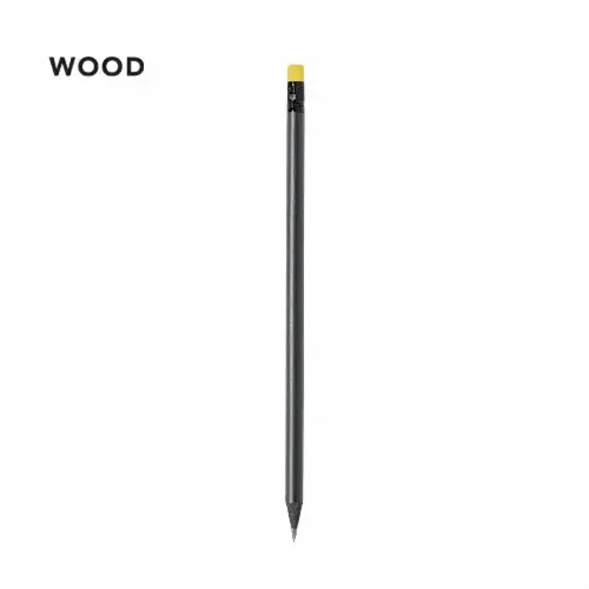 Black pencil with yellow eraser on white background, the word WOOD in the top left corner.