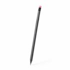 A black pencil with a pink eraser standing upright on a white background.