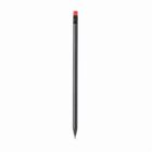 A black pencil with a red eraser on a white background.