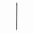 A black pencil with a green eraser on a white background.
