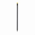 A single black pencil with a yellow eraser on a white background.