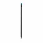A black pencil with a blue eraser on a white background.