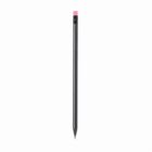 A black pencil with a pink eraser on a white background.