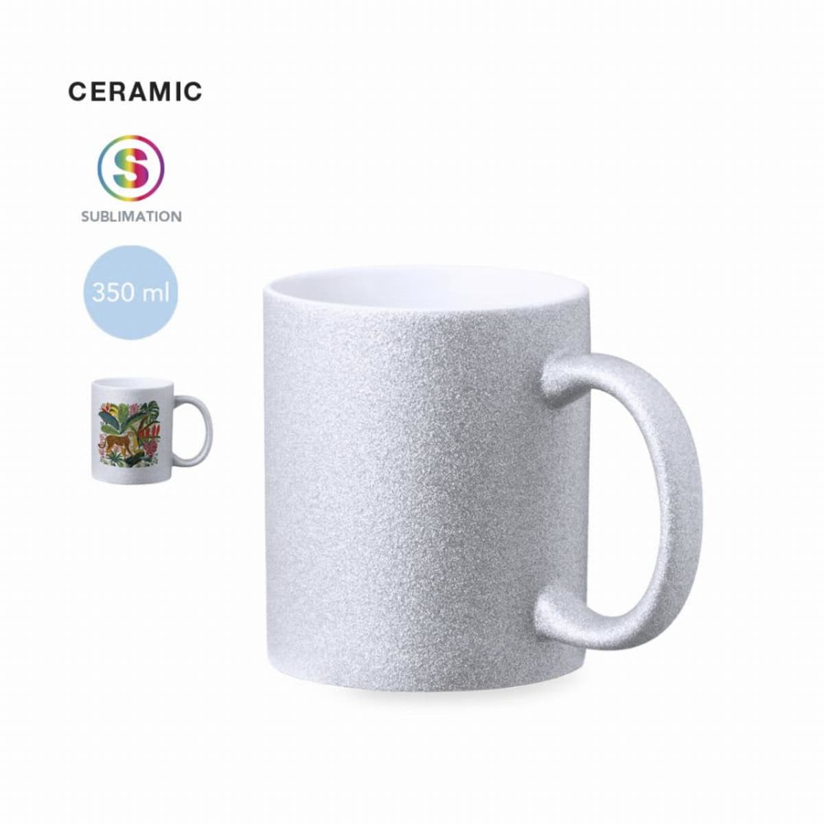 Silver glitter ceramic mug, 350 ml, with sublimation print example shown on the left.