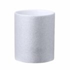 A cylindrical, silver glittery cup with a smooth white interior.