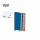 Blue notebook with a natural cork accent and an open page inset on a white background.