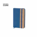 Blue notebook with a cork accent and elastic band, labeled Natural Cork in the corner.