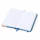 An open notebook with blank white pages and a blue cover.