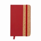 Red and cork-textured notebook with a red elastic band and a matching bookmark.