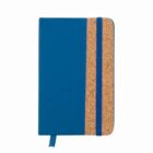 Blue and cork notebook with a blue elastic band and ribbon bookmark.