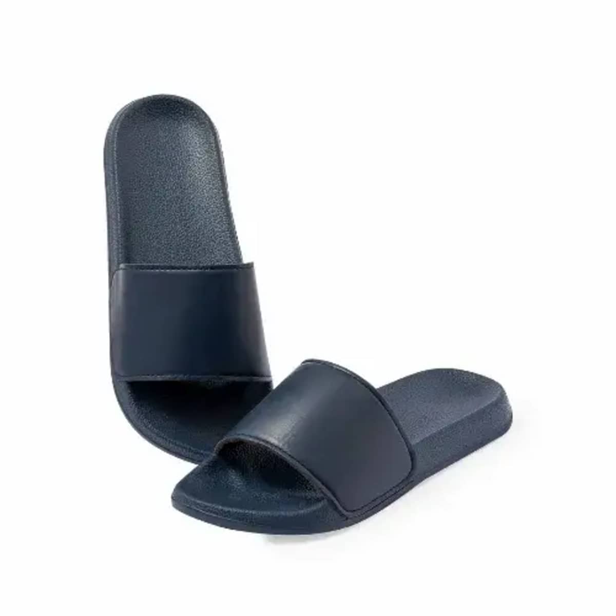 A pair of navy blue slide sandals on a white background.