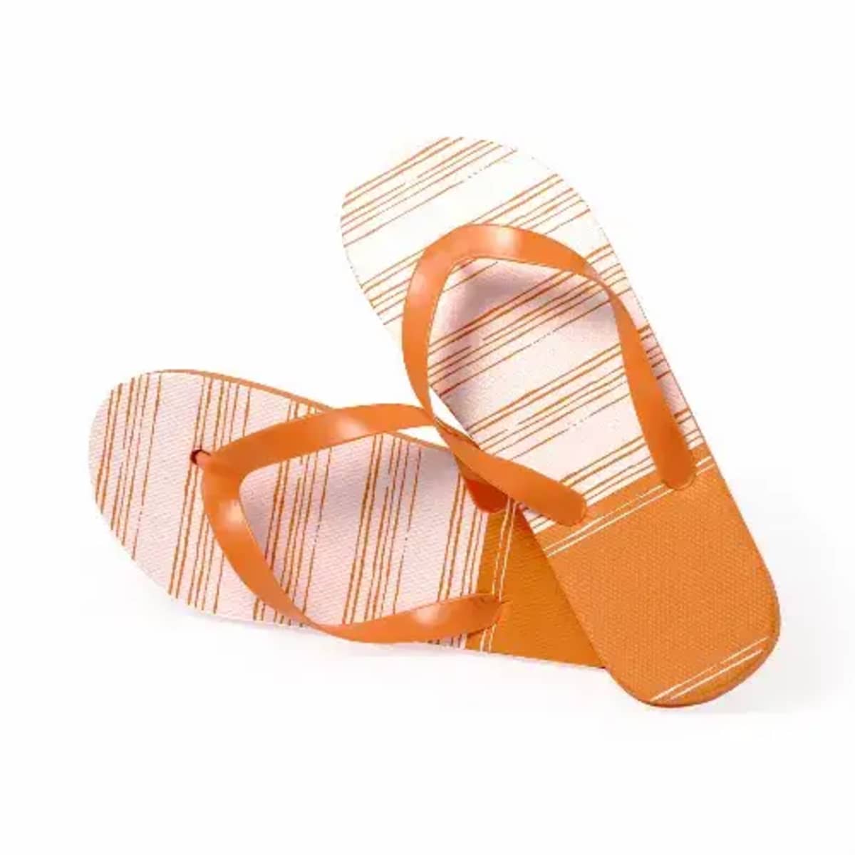 Orange flip-flops with striped pattern on white background, one sandal overlapping the other.