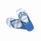 Blue and white striped flip-flops with blue straps on a white background.
