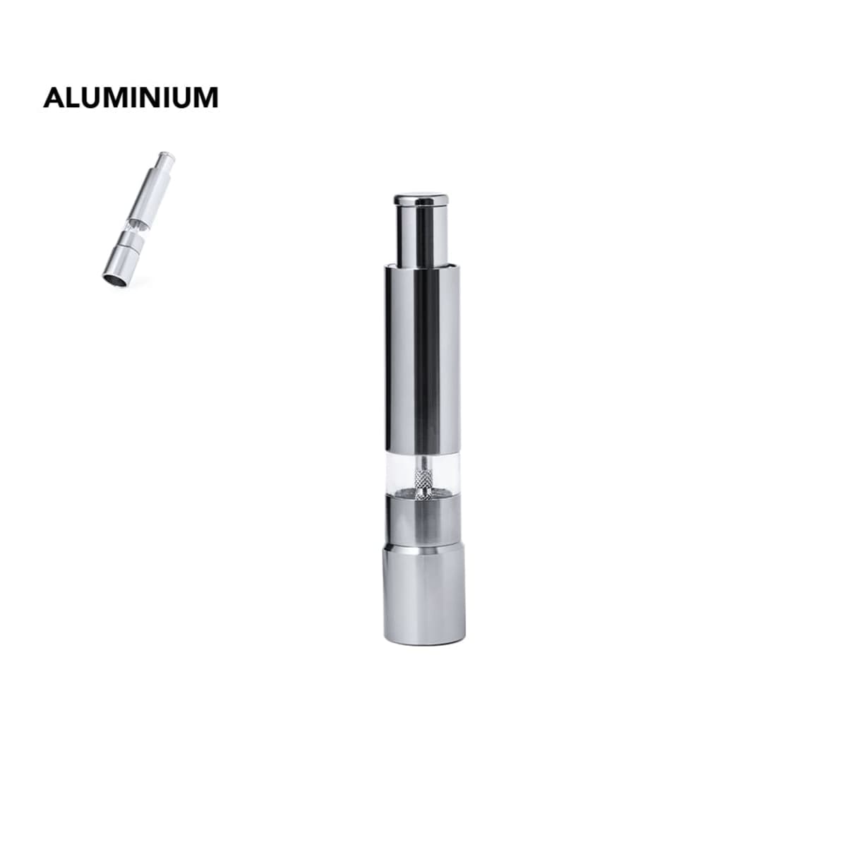 Sleek silver aluminum pepper grinder with transparent center section.