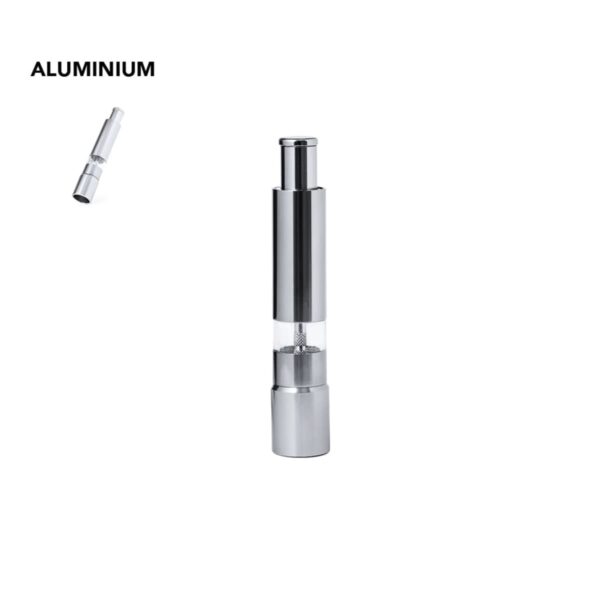 Silver aluminum pepper grinder with a transparent middle section, shown from two angles.