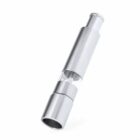 A metal one-hitter pipe with a clear glass chamber in the center.