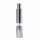 A sleek, stainless steel pepper grinder with a transparent middle section.