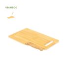 Rectangular bamboo cutting board with a handle and a hole on one end, on a white background.