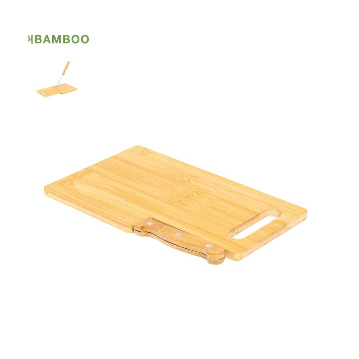 Rectangular bamboo cutting board with a handle and a hole on one end, on a white background.