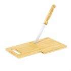 A bread knife is stuck upright in a wooden cutting board with a handle.