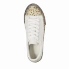 White sneaker with a translucent, speckled toe and sole, viewed from above on white background.