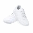 A pair of plain white sneakers with laces on a white background.