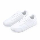 A pair of plain white sneakers on a white background.