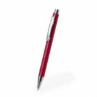 Red retractable ballpoint pen with a silver clip and tip, positioned upright on a white background.