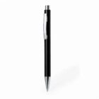 A black retractable ballpoint pen with a silver clip and tip on a white background.