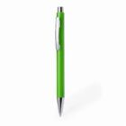 A green retractable ballpoint pen with a silver clip and tip on a white background.