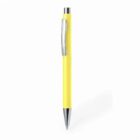 Yellow ballpoint pen with silver clip and tip on a white background.