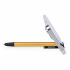 Gold pen supporting a smartphone in a horizontal position, functioning as a phone stand.