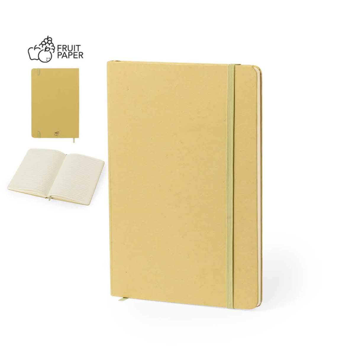 Closed beige notebook with elastic band; inset shows open and closed views, fruit paper logo.