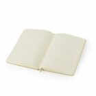 An open lined notebook with blank pages on a white background.