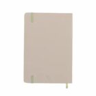 Closed beige notebook with rounded corners and two light green elastic bands.