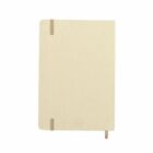 A plain beige notebook with rounded corners and an elastic band on a white background.