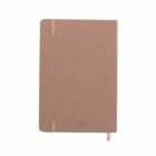 Brown hardcover notebook with rounded corners and a pink ribbon bookmark, closed.
