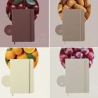 Four notebooks in brown and beige shades, each paired with fruit or nut backgrounds.