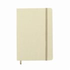 Closed beige notebook with an elastic band and a ribbon bookmark, on a white background.