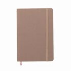 A plain brown notebook with an elastic band and a pink ribbon bookmark.