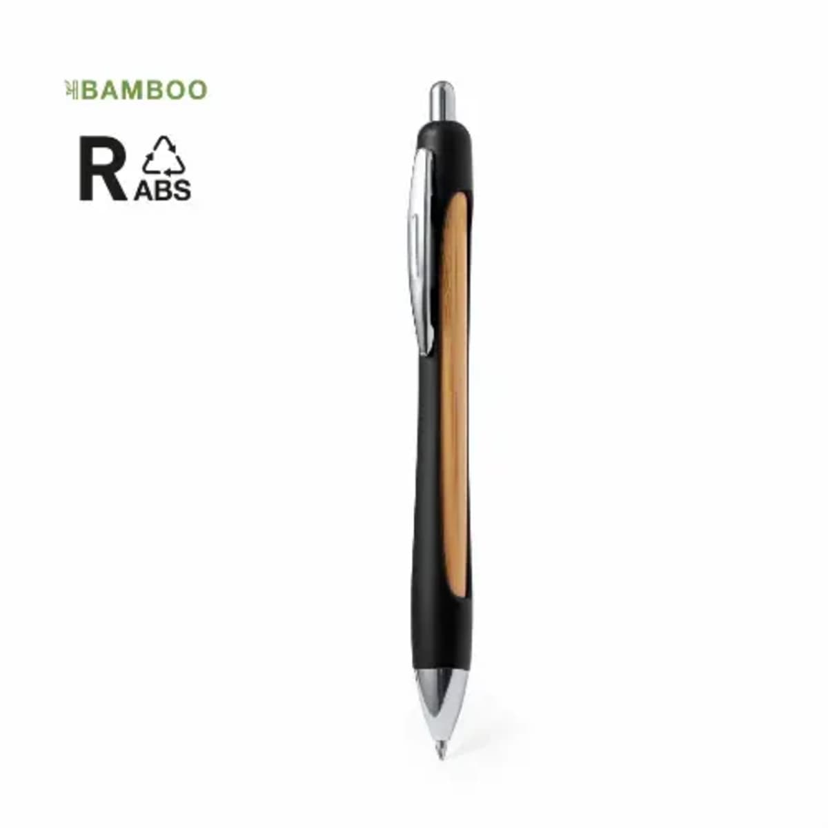 Black and bamboo pen with a click top and metallic clip, eco-friendly and recyclable.