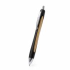 Black and gold retractable ballpoint pen with silver accents, standing upright.