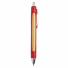 Red and yellow retractable ballpoint pen with a metal clip, shown vertically.
